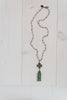 Hand Soldered Vintage Style Green Crystal Pendant with Large Cross and Dove on Agate Stone Rosary Chain